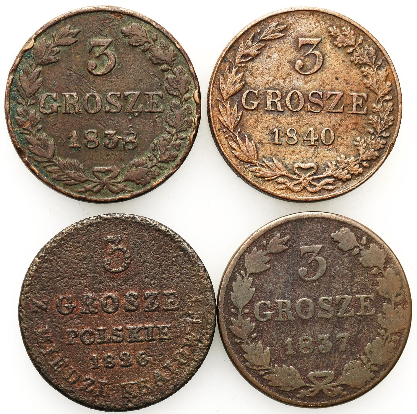 Polska XIX w./Rosja. Mikołaj I. 3 grosze  (Trojak) 1826, 1837, 1838, 1840 Warszawa, zestaw 4 monet